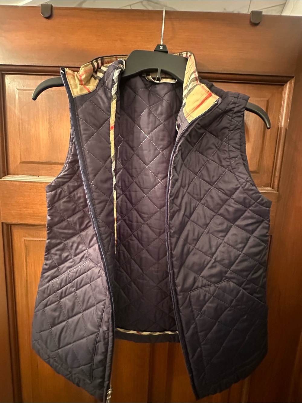 Burberry Quilted Navy Blue Vest with Signature Check Trim